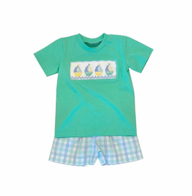 pre sale boys summer outfit sets  short sleeve top embroidered dinghy  print and  shorts