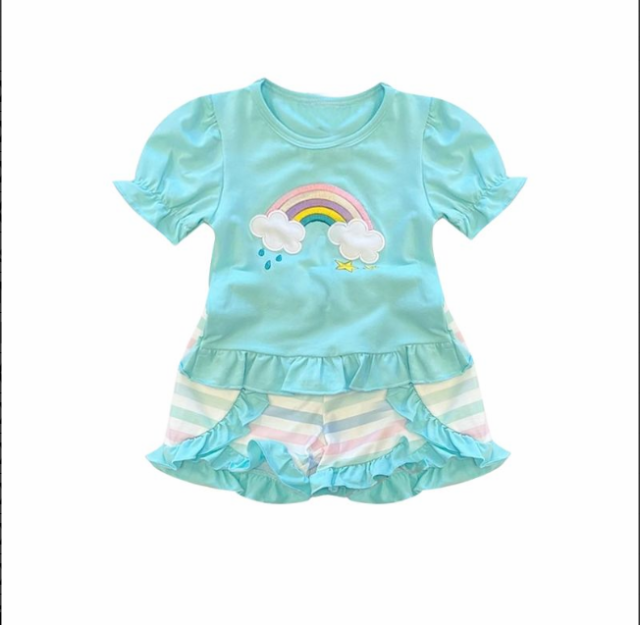 pre sale girls summer outfit sets puff sleeves top embroidery rainbow raindrops lightning print and shorts