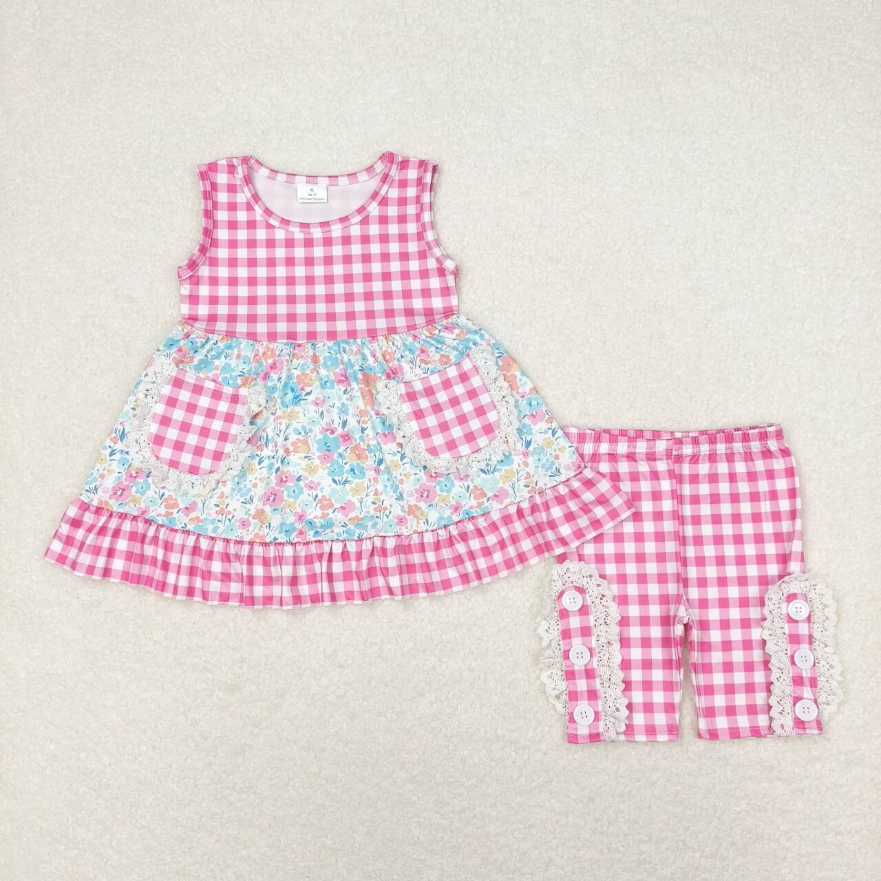 GSSO0813 Floral floral rose red plaid pocket sleeveless shorts set