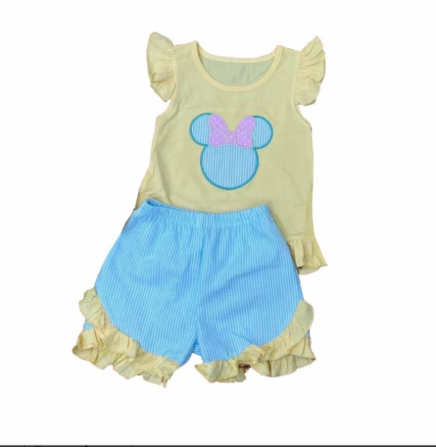 pre sale girls summer outfit sets  flying sleeves top blue embroidered mickey print and shorts