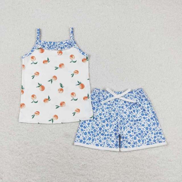 GSSO0864 Peach Pink Sleeveless Blue Floral Shorts Set