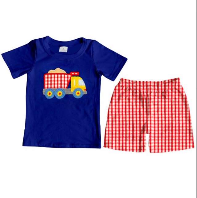 pre sale boys summer outfit sets  short sleeve top embroidery truck print and shorts