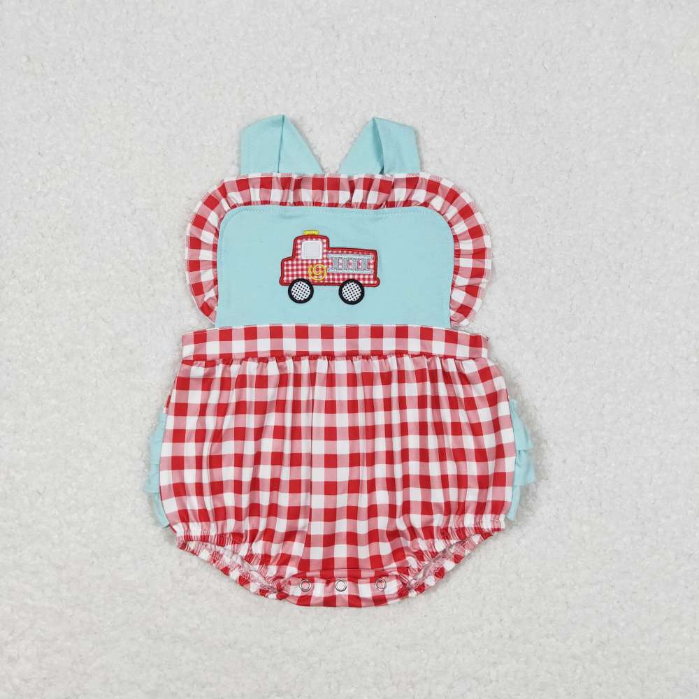SR0958 Embroidered Fire Engine Red Plaid Blue Lace romper