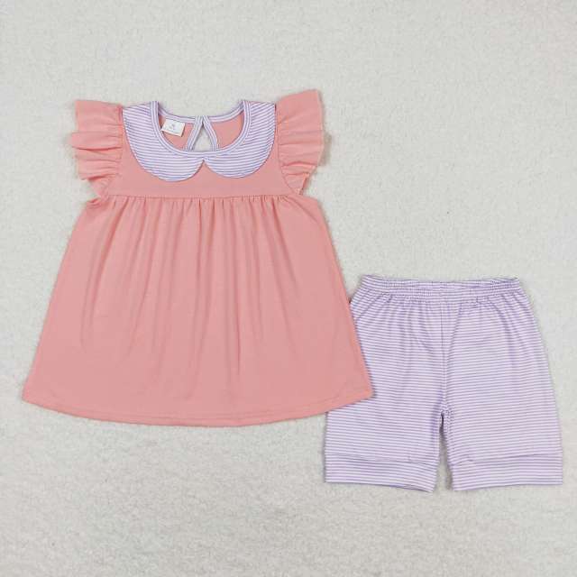 GSSO1066 Purple striped doll collar pink and orange flying sleeve shorts suit