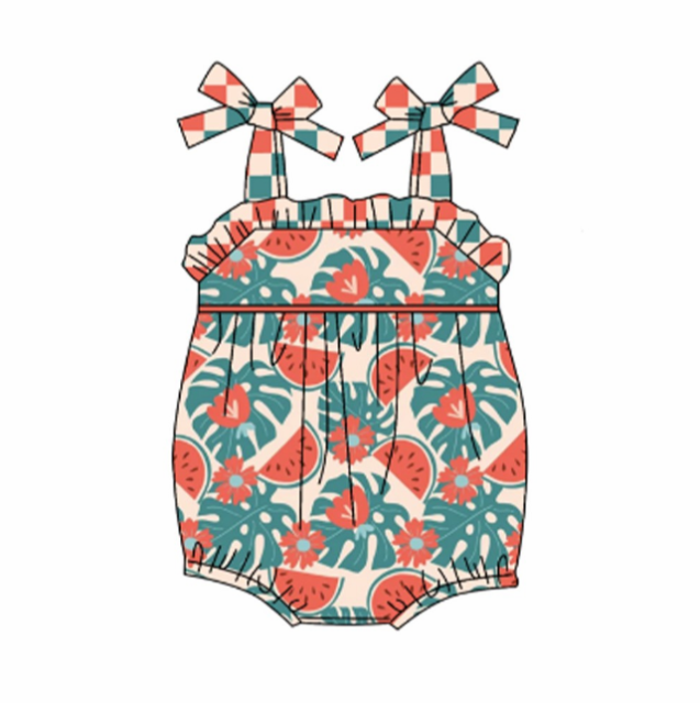 pre sale baby girl clothes bow suspenders top watermelon  print  with romper
