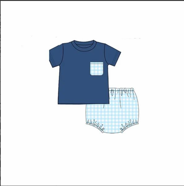 pre sale boys summer outfit sets  short sleeve top blue and white plaid print with briefs
