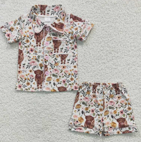 GSSO0176 Girls Alpine Cow Flower Pink Pocket Short Sleeve Shorts Set