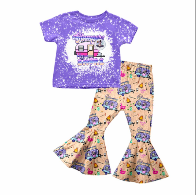 pre sale girls summer outfit sets short sleeves top picnic print and boot cut pant