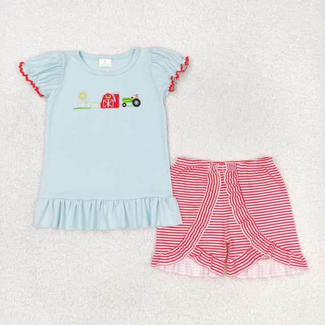 GSSO0788 Embroidery Farm Sun Red House Tractor Short Sleeve Red Striped Lace Shorts Set