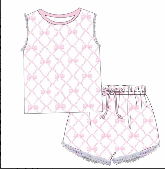 pre sale girls summer outfit sets sleeves top pink and white bow print with shorts