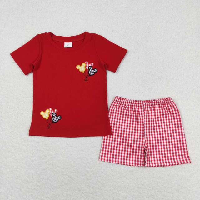 BSSO0652 Embroidered Mickey Balloon Red Short Sleeve Plaid Shorts Set