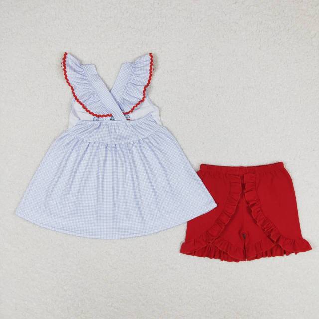 GSSO0798 Embroidery bow ice cream blue plaid flying sleeves red shorts set