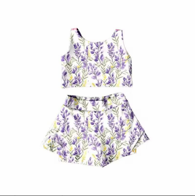 pre sale girls summer outfit sets  sleeves top lavender print and short skirt