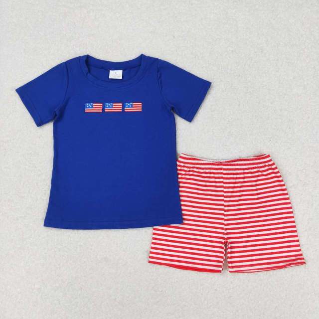 BSSO0434 Embroidered flag blue short sleeve red and white striped shorts set