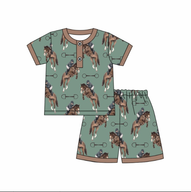 pre sale boys summer outfit sets  short sleeve top man riding horse print with shorts