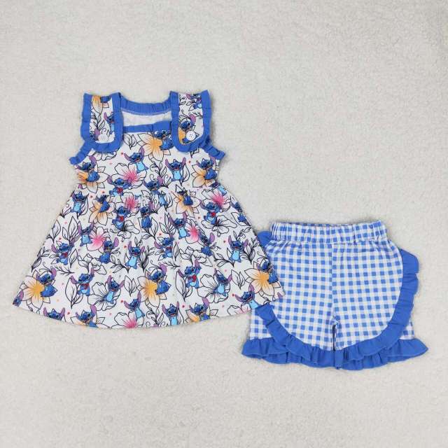 GSSO1040 Floral Stitch Blue Lace Sleeveless Plaid Shorts Set