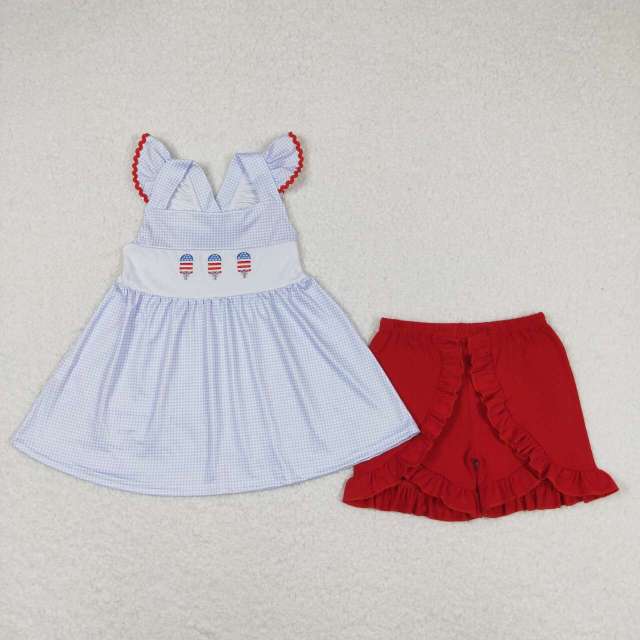 GSSO0798 Embroidery bow ice cream blue plaid flying sleeves red shorts set