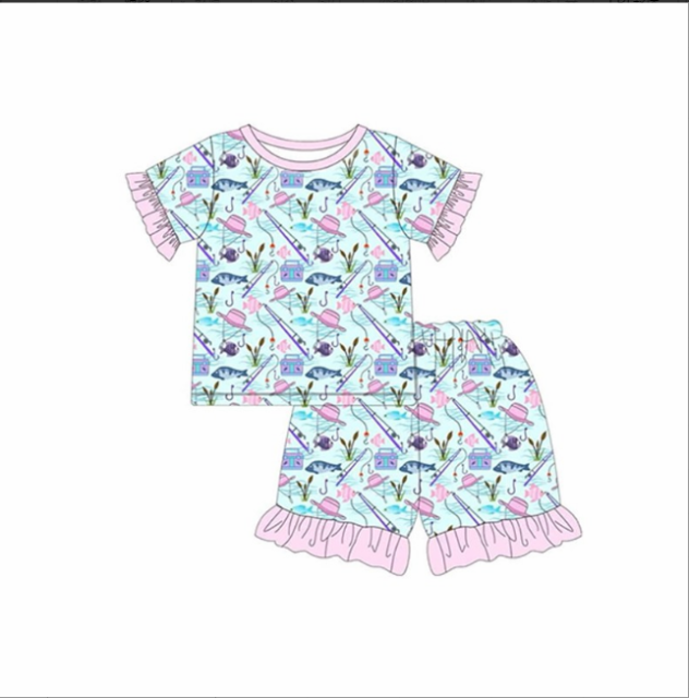 pre sale girls summer outfit sets  short sleeves top fishing print and shorts