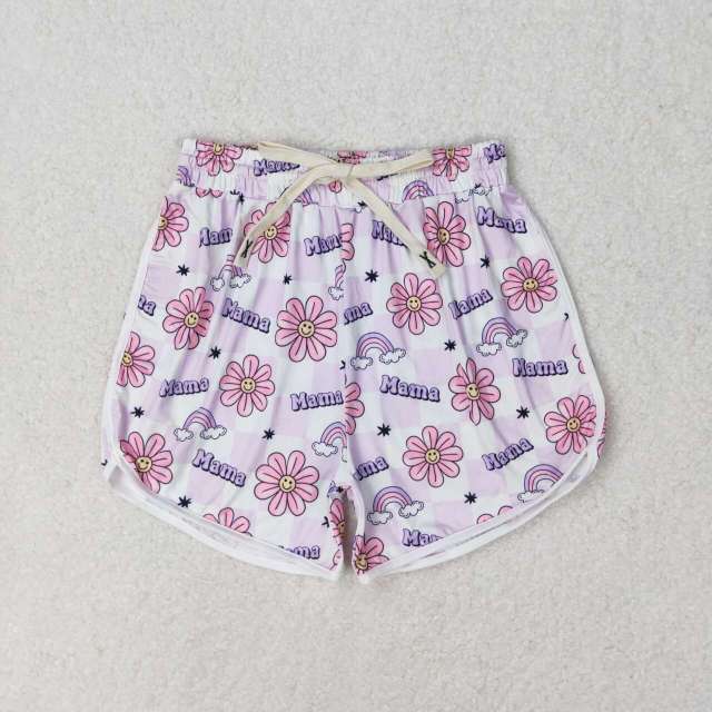 SS0172 Adult women mama smiley flower purple and white plaid shorts
