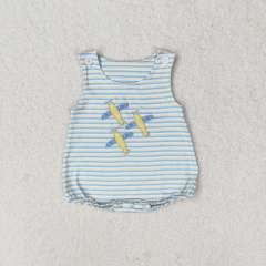 SR1228 Embroidered Airplane Yellow Striped romper