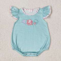 SR1267 Embroidered octopus and jellyfish striped teal flying sleeve romper
