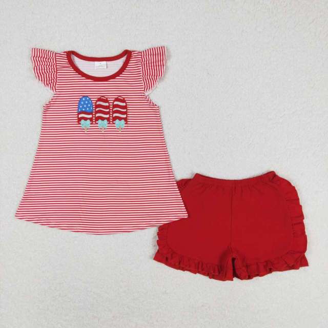 GSSO0759 Embroidery bow stars stripes ice cream stripes flying sleeves red shorts set