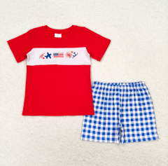 BSSO0584 Embroidery airplane flag fireworks red short-sleeved blue and white plaid shorts suit