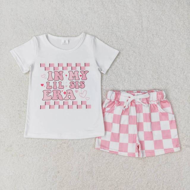 SS0258 +GT0556 in my big sis era letter pink and white plaid short sleeve set
