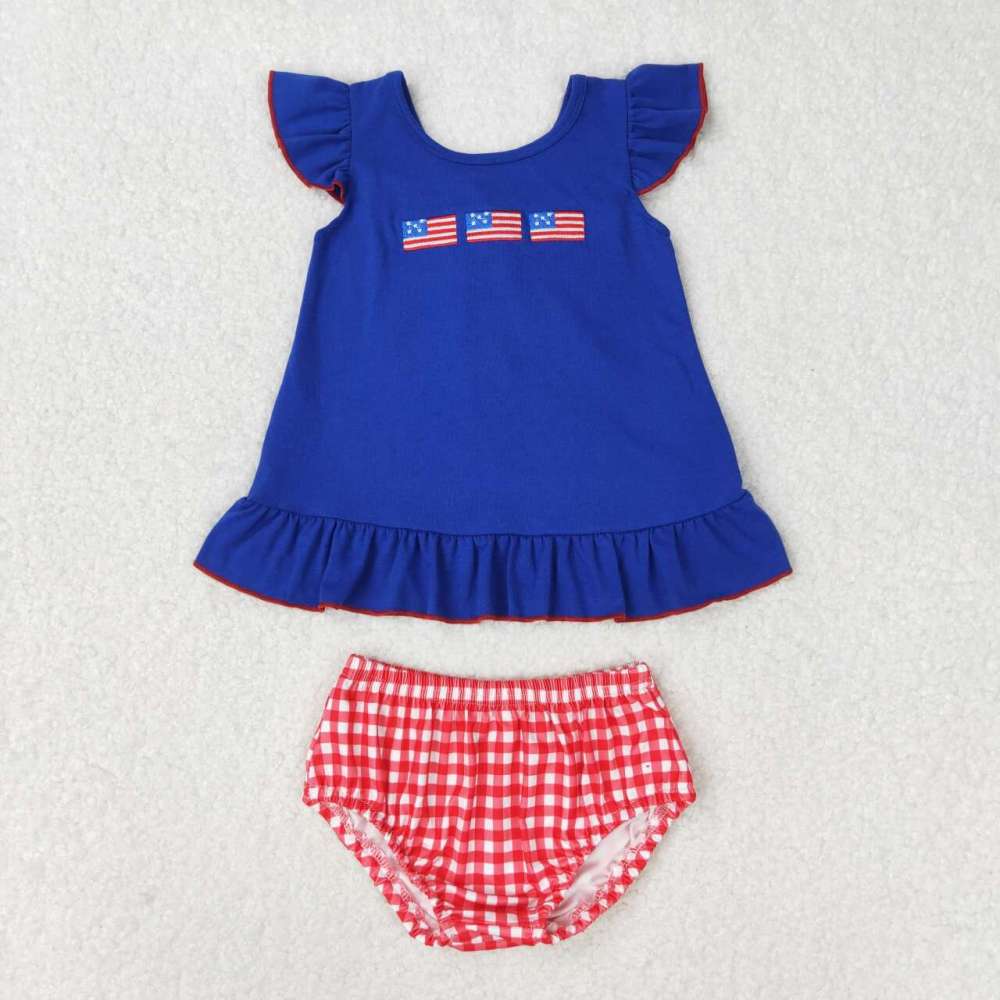 GBO0311 Embroidered flag bow navy blue flying sleeves red and white plaid briefs set