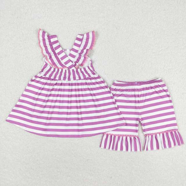 GSSO0734 Colorful ice cream purple and white striped flying sleeve shorts set