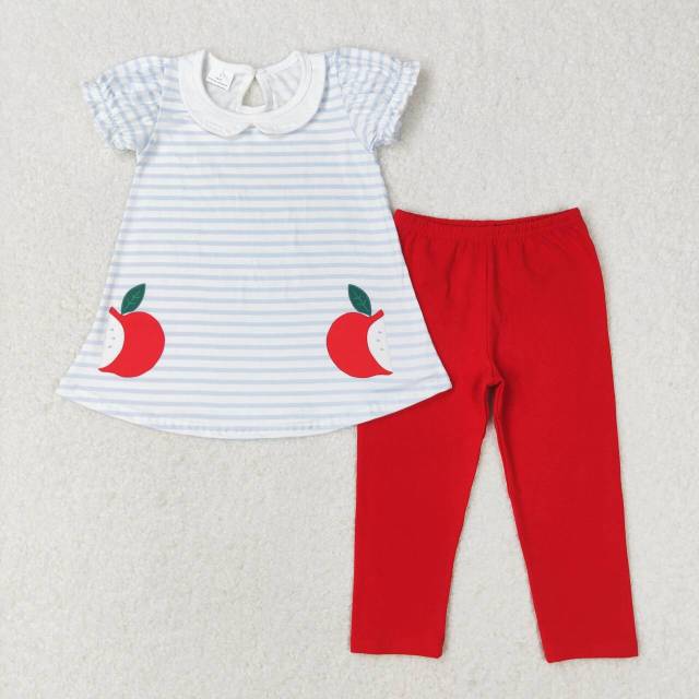 GSPO1446 Apple Stripe Doll Collar Short Sleeve Red Pants Suit