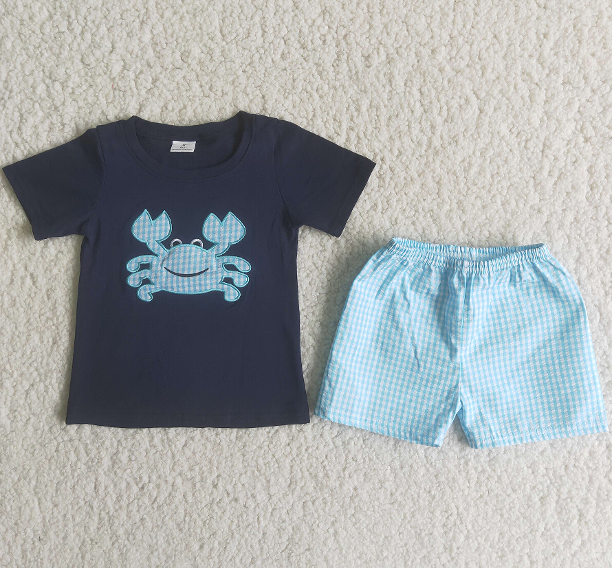 A16-14 Blue crab blue plaid pants set