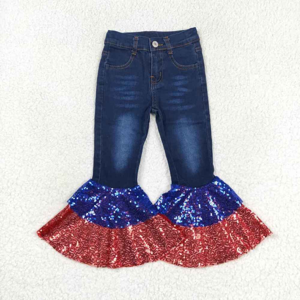 P0430 Red and blue sequined dark blue denim pants