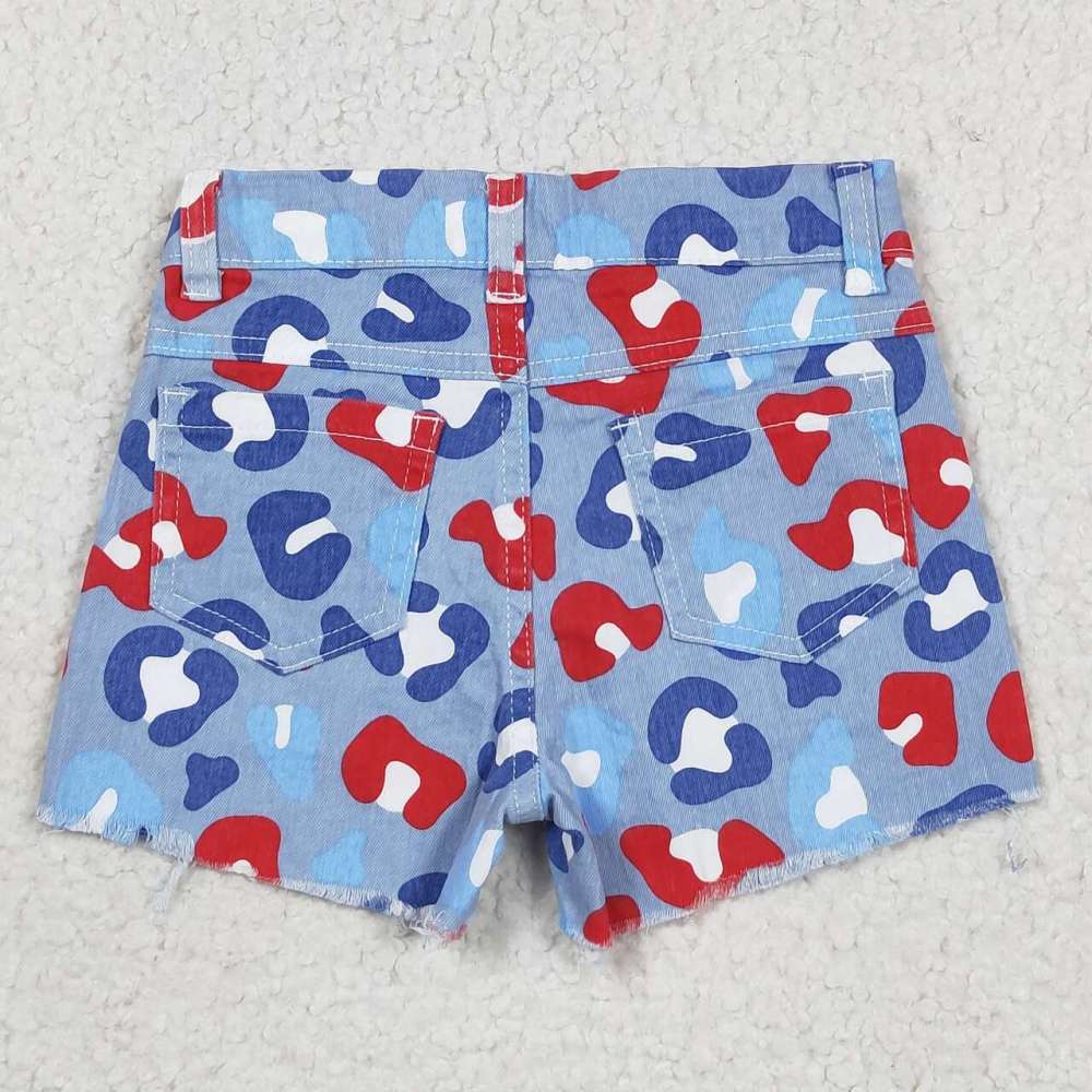 SS0166 Red and blue leopard print denim shorts