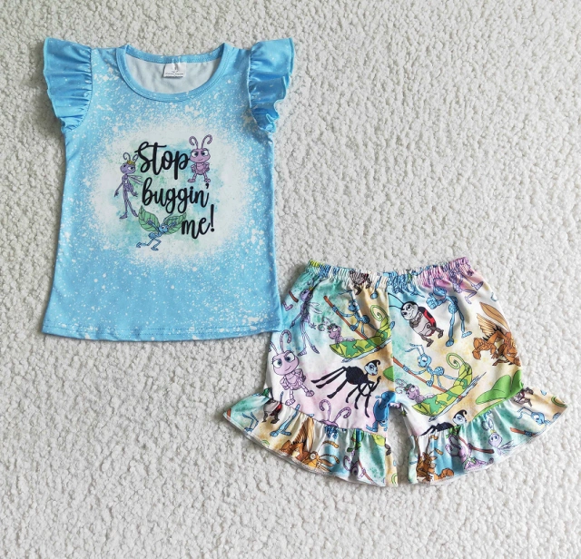 GSSO0084 Girls stopbugginme blue flying sleeve ant shorts suit