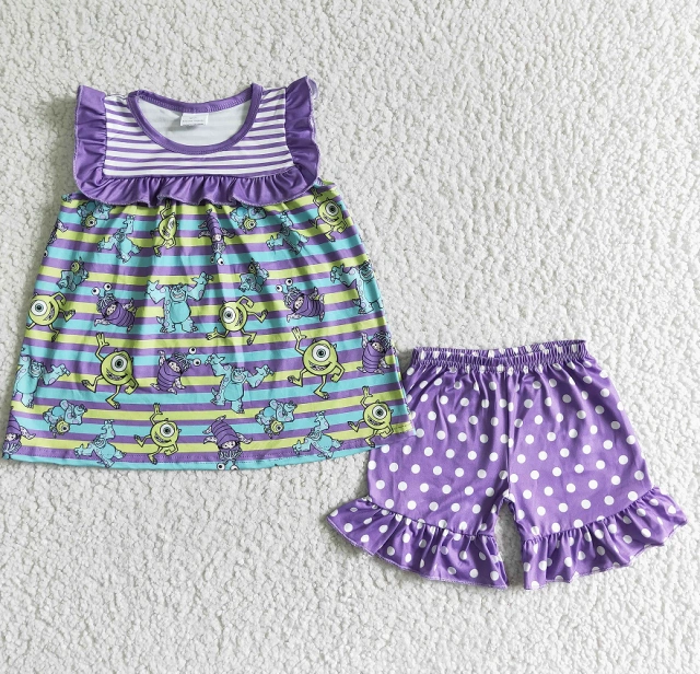 GSSO0077 Girls Monster University One-Eyed Monster Purple Fly Sleeve Striped White Dot Shorts Suit