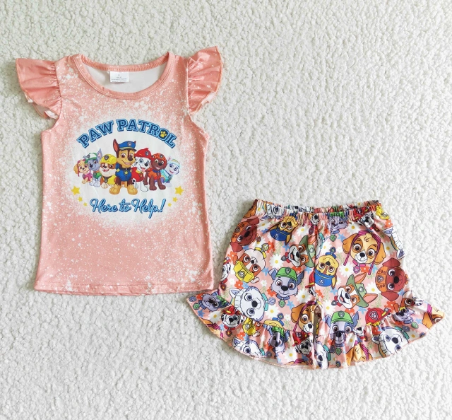 GSSO0085 Girls Paw Patrol Letters Flying Sleeve Shorts Suit