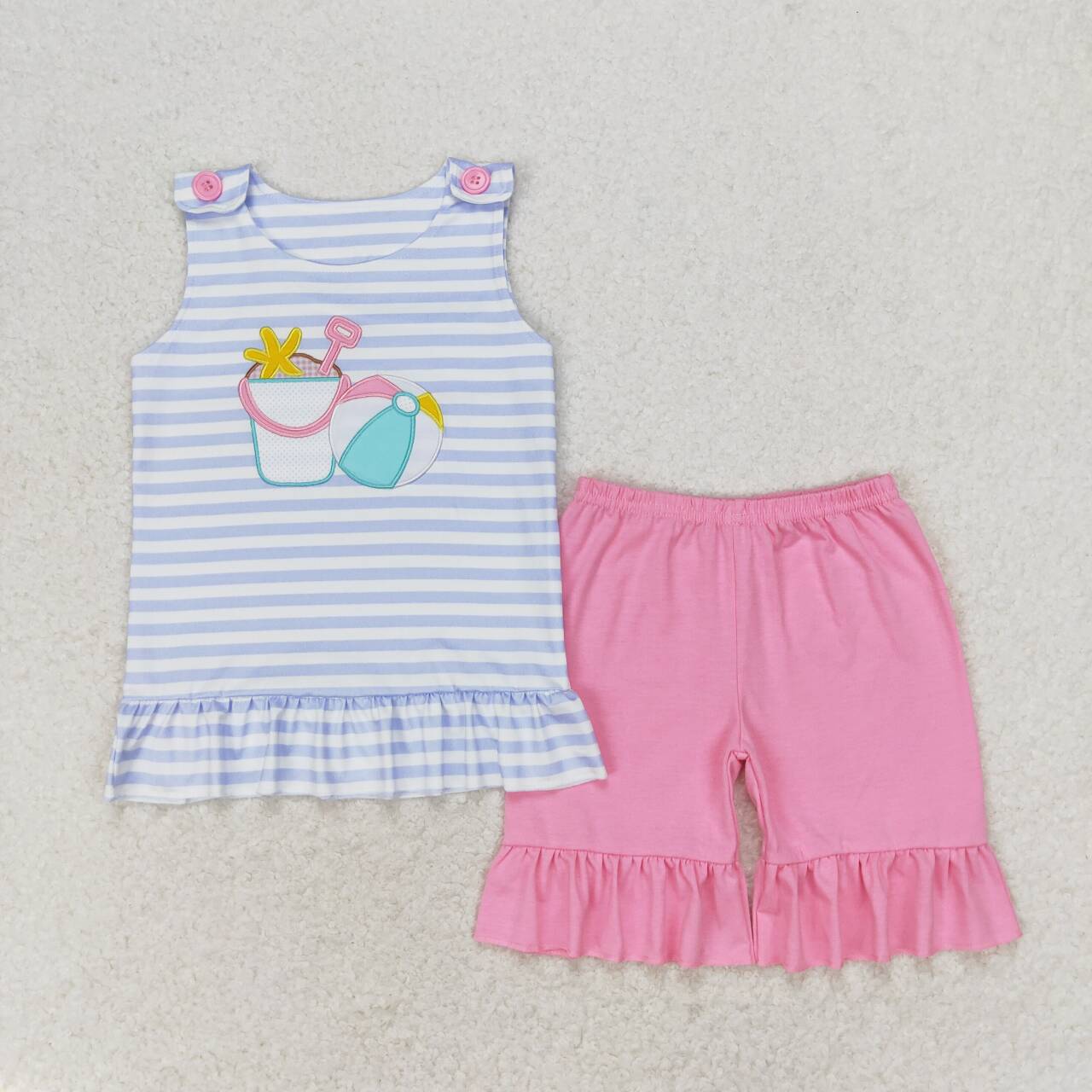 GT0568 Embroidered beach ball starfish bucket blue and white striped sleeveless set