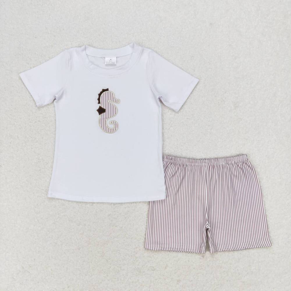 BSSO0837 Embroidered seahorse white short-sleeved striped shorts set