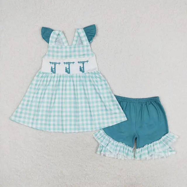 GSSO0847 Telephone pole maintenance worker plaid flying sleeve shorts set