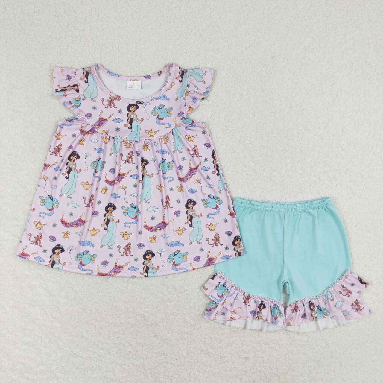 GSSO0912  Princess Pink Purple Fly Sleeve Blue Shorts Set