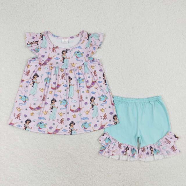 GSSO0912 Disney Princess Pink Purple Fly Sleeve Blue Shorts Set