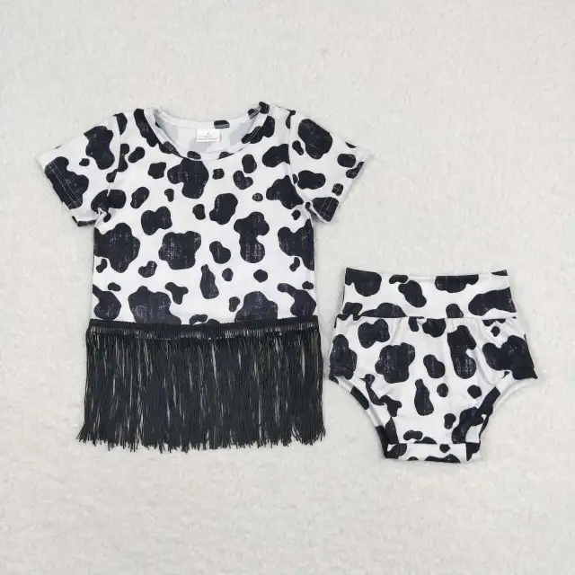 GBO0273 Cow pattern fringed black and white short-sleeved bummies