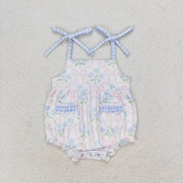 SR1482 Blue floral pink bow pattern plaid lace romper