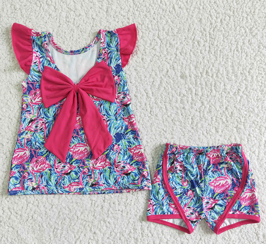 GSSO0100 Girls' Rose Red Bow Flower Sleeve Shorts Set