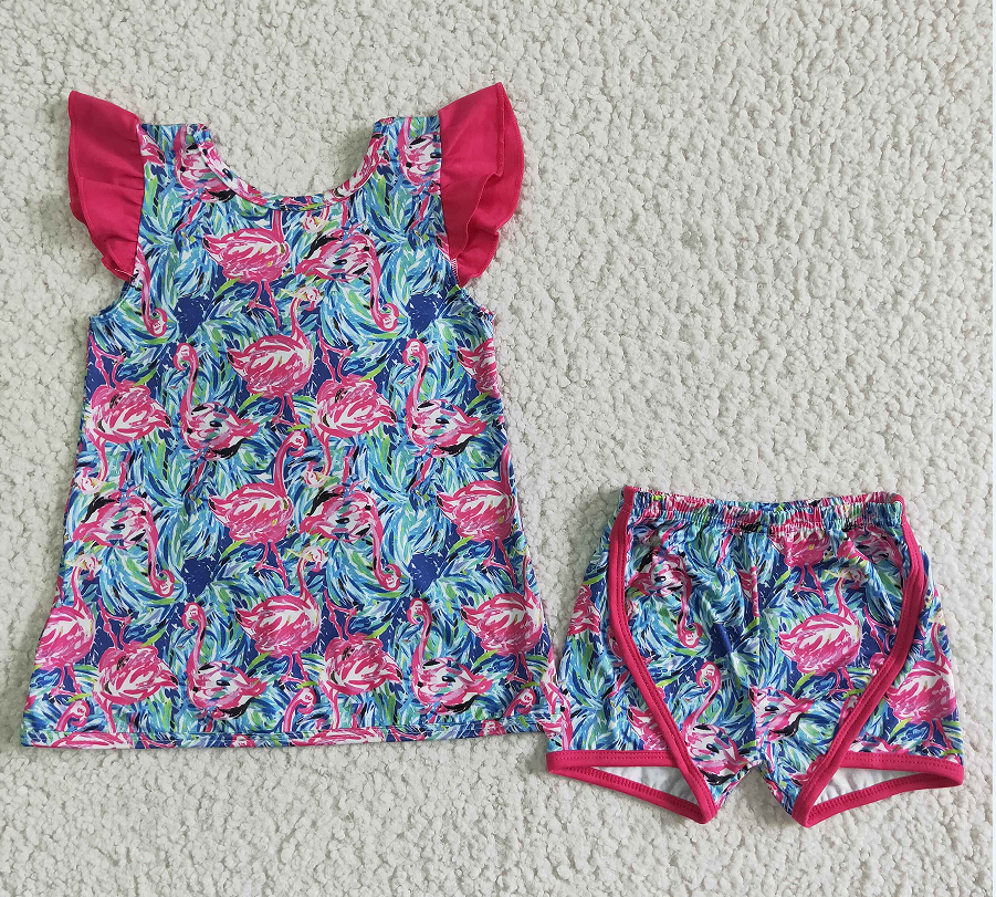 GSSO0100 Girls' Rose Red Bow Flower Sleeve Shorts Set