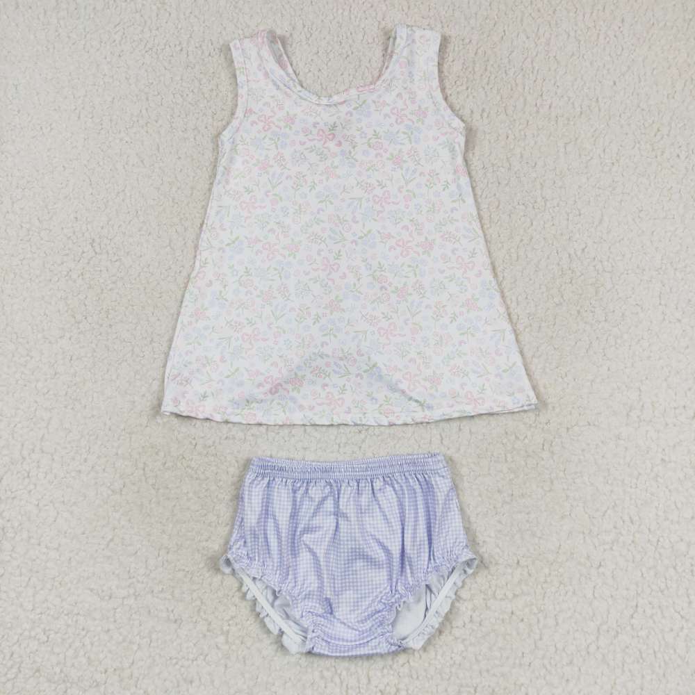 GBO0325  White Sleeveless Plaid with Flower Bow  bummies  set