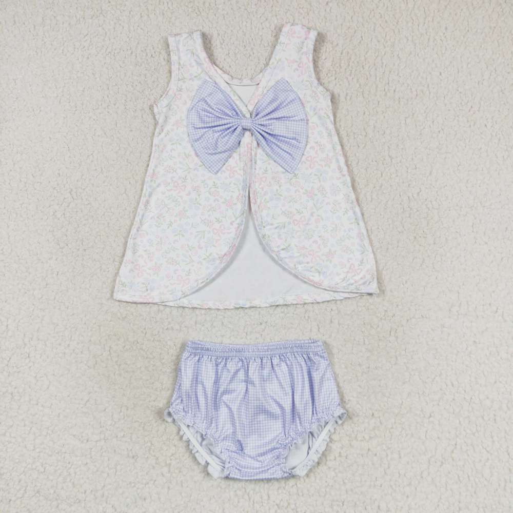GBO0325  White Sleeveless Plaid with Flower Bow  bummies  set