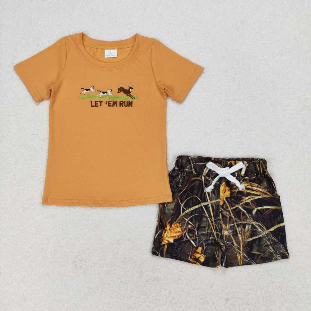 BT0674 let run embroidered puppy elk light brown short-sleeved set