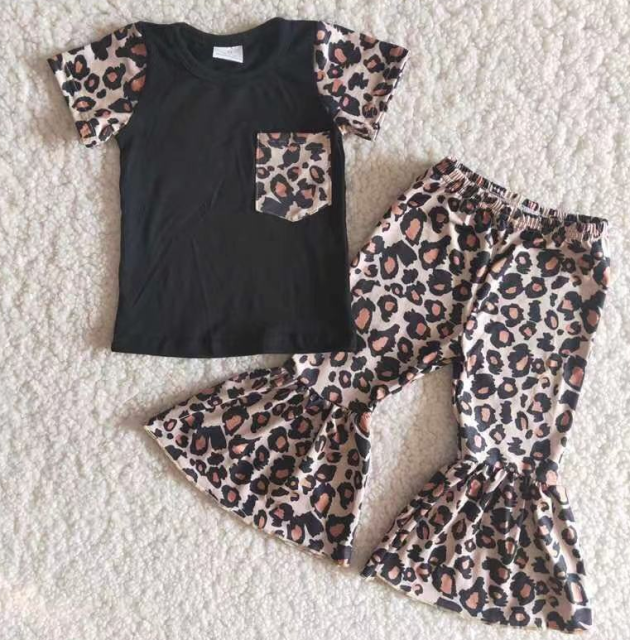B15-14 Leopard print pocket top and flared pants set